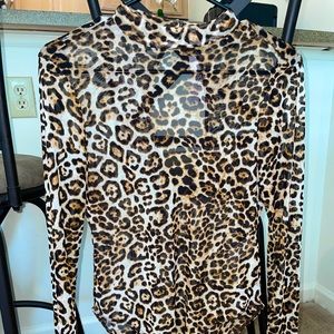 Sheer, long-sleeved, leopard bodysuit.